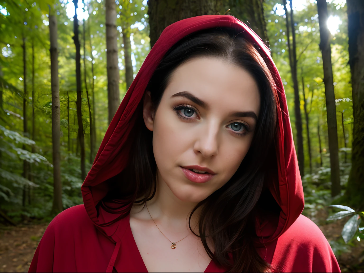 ultra-realistic photo of Angela White (21 years old, enigmatic blue eyes) | dressed as Little Red Riding Hood (sexy look) | in a temperate forest (nature, outdoors, trees, leaves) | artificial lighting, true colors, soft shadows, intricate details ((.HDR))