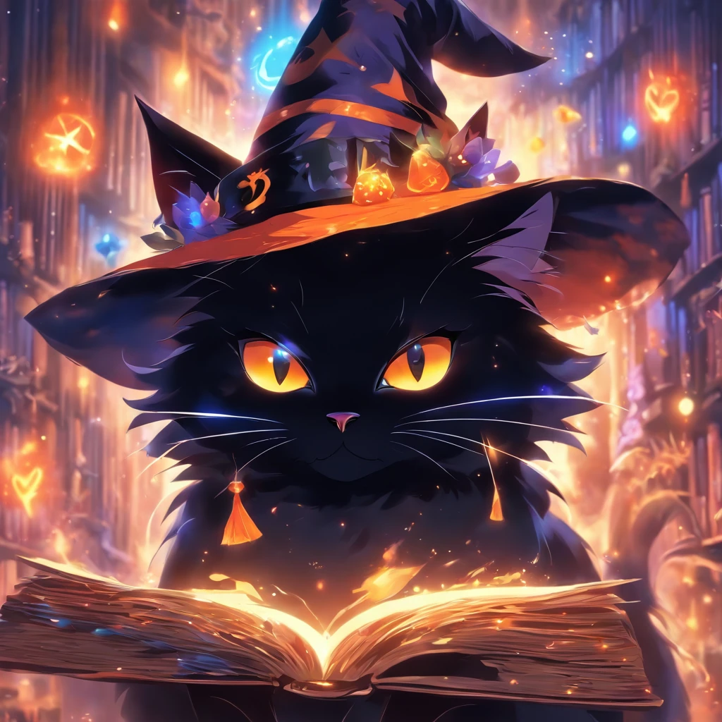(a) super cute black cat with (a) witch hat, (a) spelling book, (eager to learn), (beautiful) magical, (masterpiece:1.2), detailed fur, (intense focus), magic spells, (vibrant colors), (charming), (mysterious), (spellbinding:1.1)