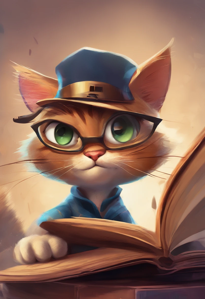 create a Disney Pixar-style character with the following characteristics: Two cats on books and arts