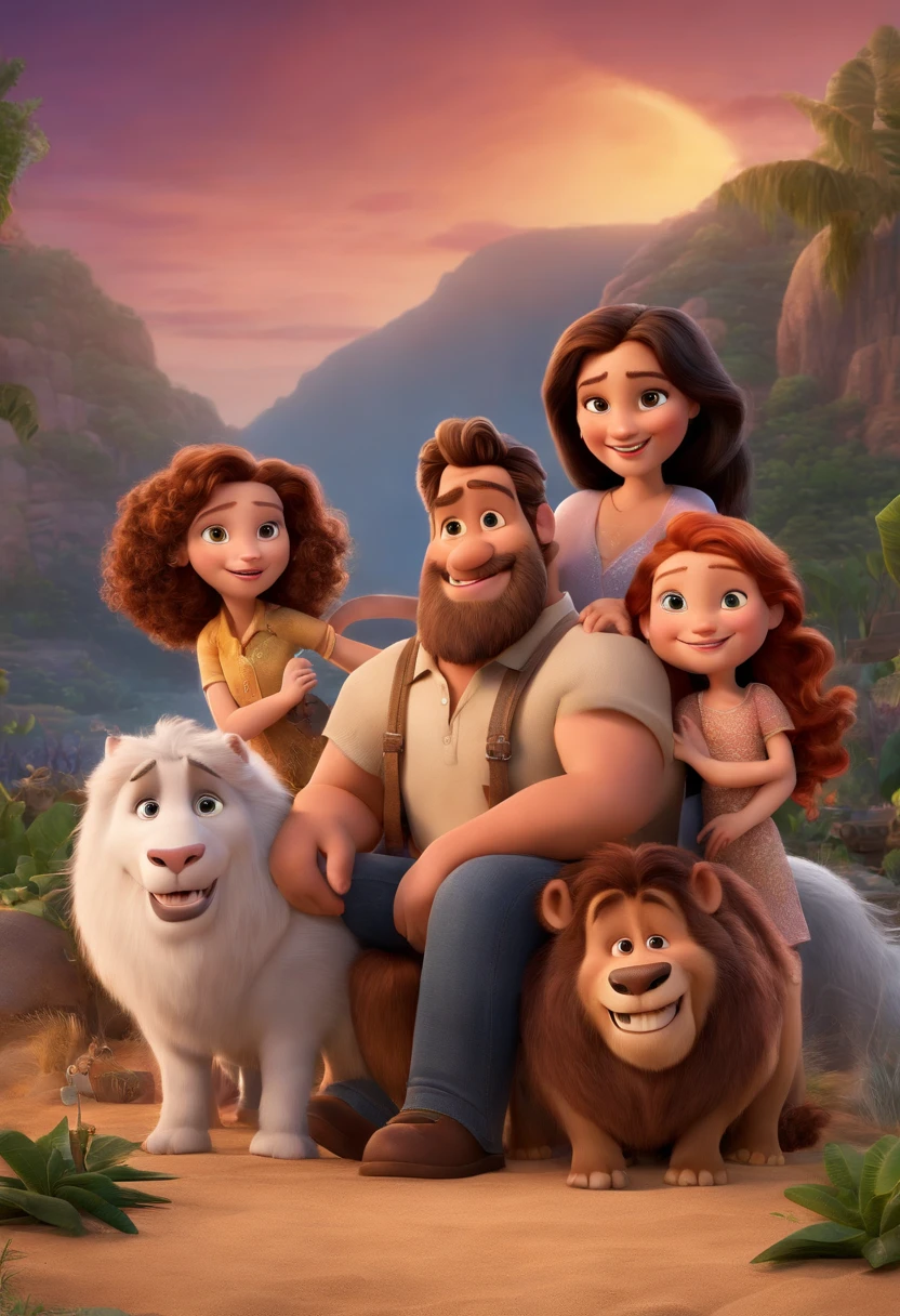 a Disney Pixar movie poster showing a white-skinned family. The father is the tallest, Tem barba curta, loiro, cabelos curtos e espinhosos. The mother has brown eyes and hair, shoulder-length and is slightly overweight. A menina tem 4 anos e cabelos castanhos, roupa rosa e rabos de cavalo. The background is a beach garden. 3D-rendering