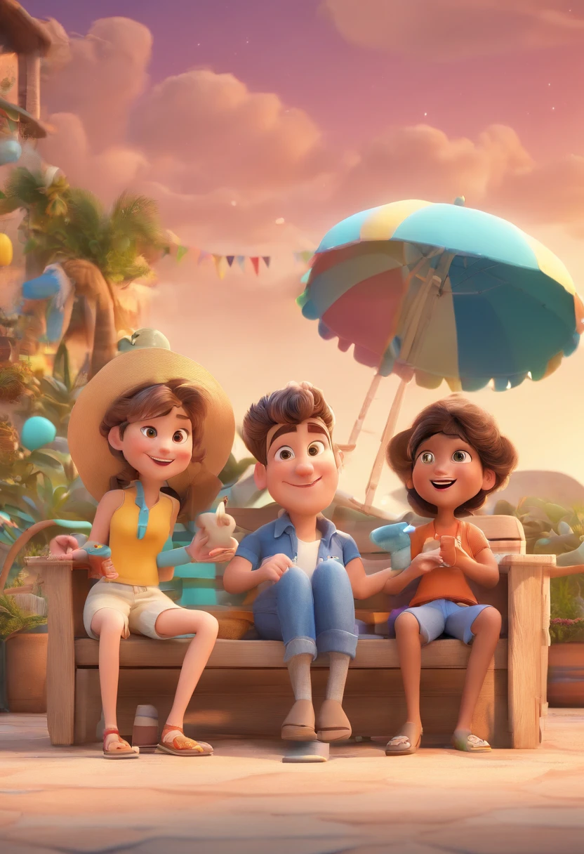 Cartoon of friends having fun on vacation together, 3D Animation Movie Poster, Poster de filme animado, pixar 3 d animation style, pixar renderman rendering, maia 8 mil, animated film, Disney Pixar Estilo 3D, amigos felizes saem juntos, all wearing light blue shirts and cream brown long pants, camisa azul clara, cream brown pants, ao ar livre, vacation, Disney Pixar Animation Poster