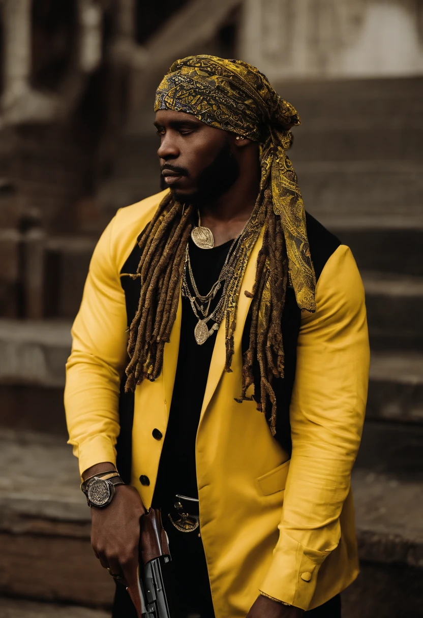 Black gangster with black dreadlocs with yellow bandanas with designs covering his full face and head holding a gun, holding up a hand sign he has a mask on do not show his skin Bandana tied around neck and wrist bandanas have paisley print bandanas are all yellow no other colors
