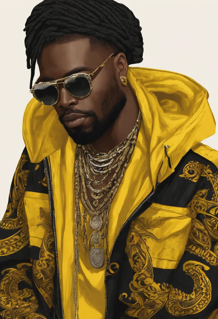 Black gangster with black dreadlocs with yellow bandanas with designs covering his full face and head holding a gun, holding up a hand sign he has a mask on do not show his skin Bandana tied around neck and wrist bandanas have paisley print bandanas are all yellow no other colors