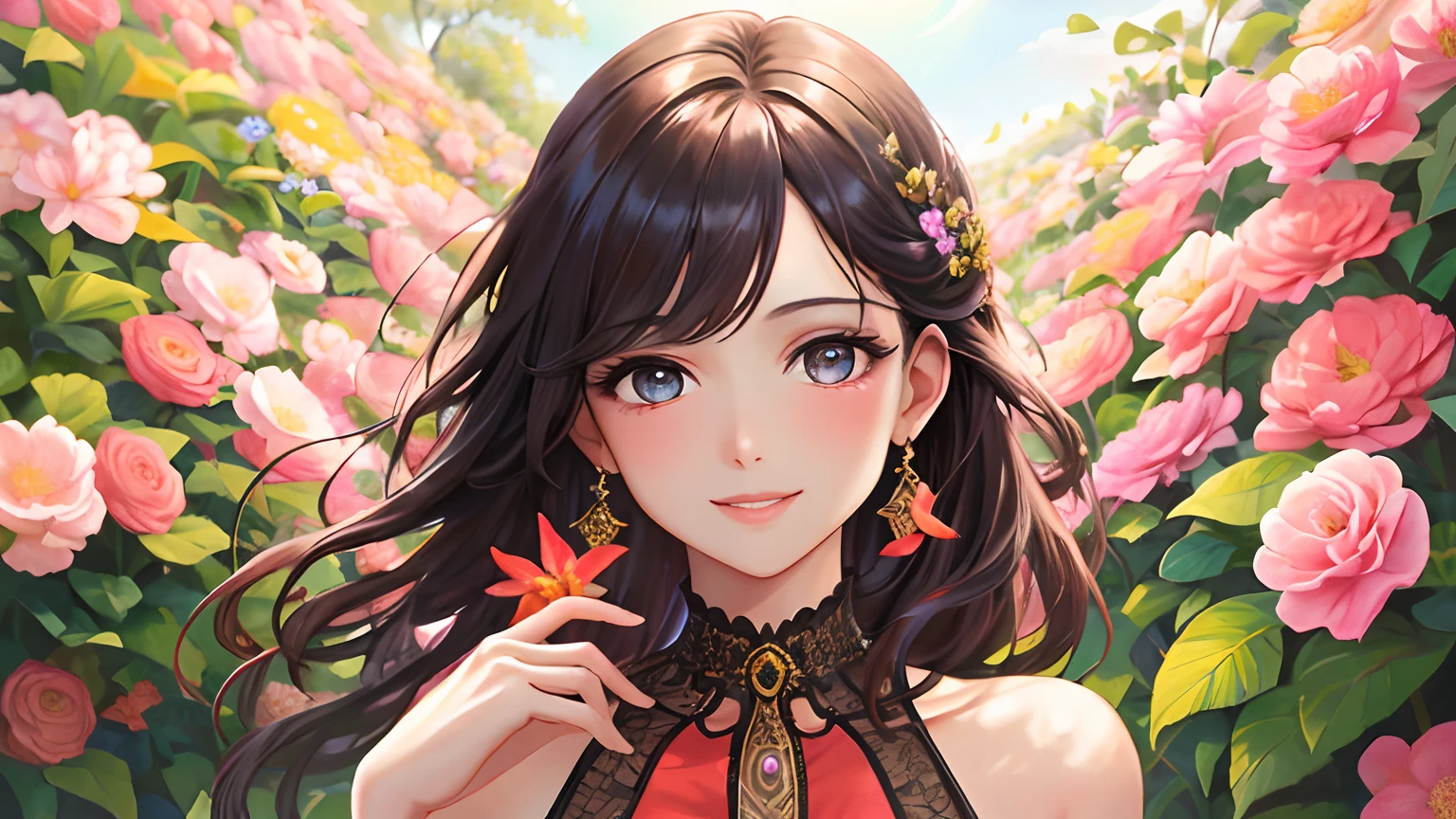 (best quality,Alto,ultra-detalhado),(Retrato:1.2),(Realistic),(vivid colors),(foco nítido),(Physically-based rendering),(belos olhos detalhados,beautiful detailed lips,Rosto extremamente detalhado,long eyeslashes),(medium:oil painting),(garota,Beautiful,sorridente,Standing in a blooming garden with vibrant flowers),(luz solar suave, casting a warm glow over her),(Flowing dress),(delicate features)
