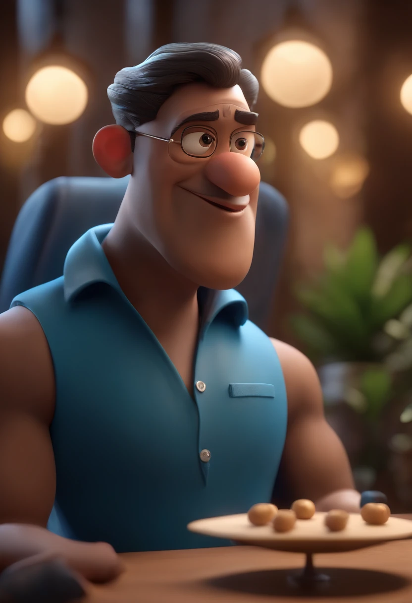 Cartoon character of a man wearing black glasses and a blue shirt, um personagem animado, Caractere estilizado, animation style rendering, 3D estilizado, Arnold Maya render, 3 d render stylized, toon render keyshot, Personagem 3D, Personagem 3D, 3d rendering stylized, 3 d character render, personagem de desenho animado, Personagem de close up, Pose de personagem, (Estilo Pixar) (master part:1.2) (Bokeh) (best quality) (pele detalhada) (textura detalhada) (8k) (argila) (Cinematic lighting) (foco nítido,Senta e vaza a parte superior do corpo