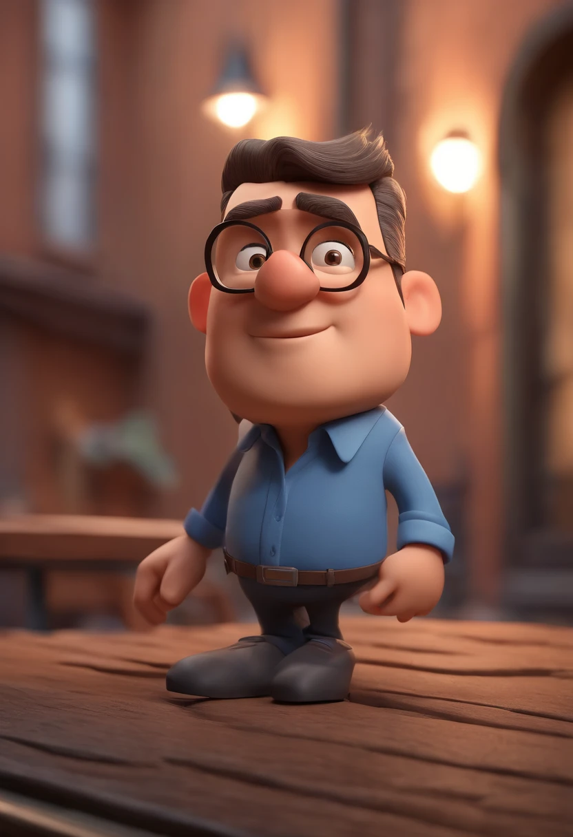 Cartoon character of a man wearing black glasses and a blue shirt, um personagem animado, Caractere estilizado, animation style rendering, 3D estilizado, Arnold Maya render, 3 d render stylized, toon render keyshot, Personagem 3D, Personagem 3D, 3d rendering stylized, 3 d character render, personagem de desenho animado, Personagem de close up, Pose de personagem, (Estilo Pixar) (master part:1.2) (Bokeh) (best quality) (pele detalhada) (textura detalhada) (8k) (argila) (Cinematic lighting) (foco nítido，Senta e vaza a parte superior do corpo