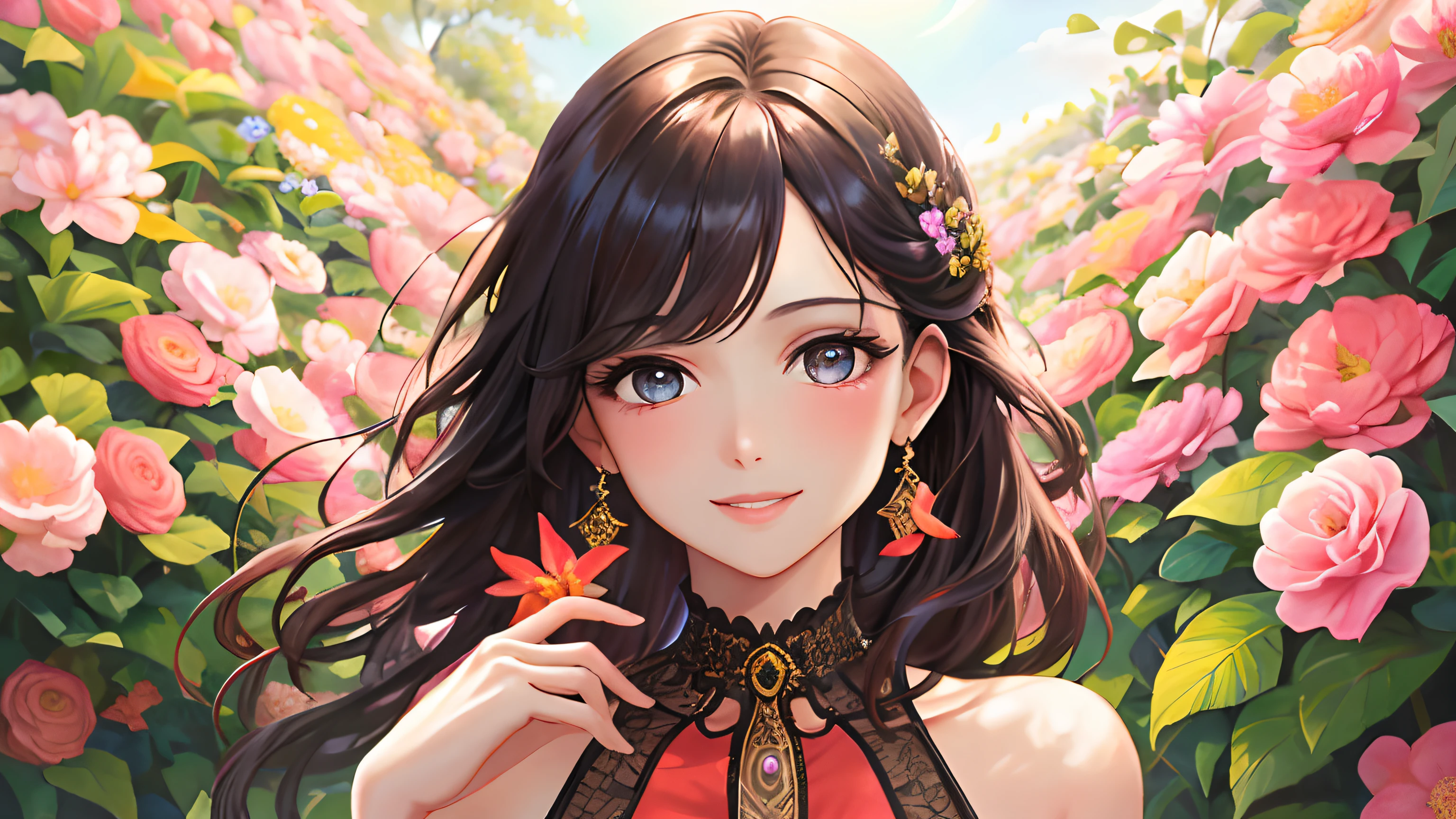 (best quality,Alto,ultra-detalhado),(Retrato:1.2),(Realistic),(vivid colors),(foco nítido),(Physically-based rendering),(belos olhos detalhados,beautiful detailed lips,Rosto extremamente detalhado,long eyeslashes),(medium:oil painting),(garota,Beautiful,sorridente,Standing in a blooming garden with vibrant flowers),(luz solar suave, casting a warm glow over her),(Flowing dress),(delicate features)