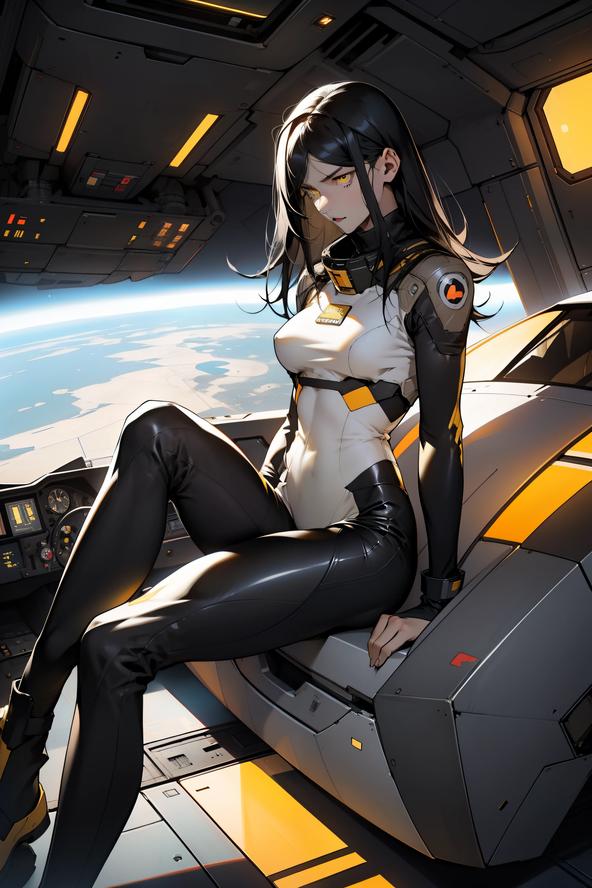 1 girl, black hair, yellow eyes, very long hair, pale skin, fit body, slender body, slim waist, large breasts, (confident expression), pilot suit, thigh gap, bare thighs, sleeveless, show bare legs, fit thighs, sitting in a cockpit of a spacecraft, view from the floor, legs apart, legs open