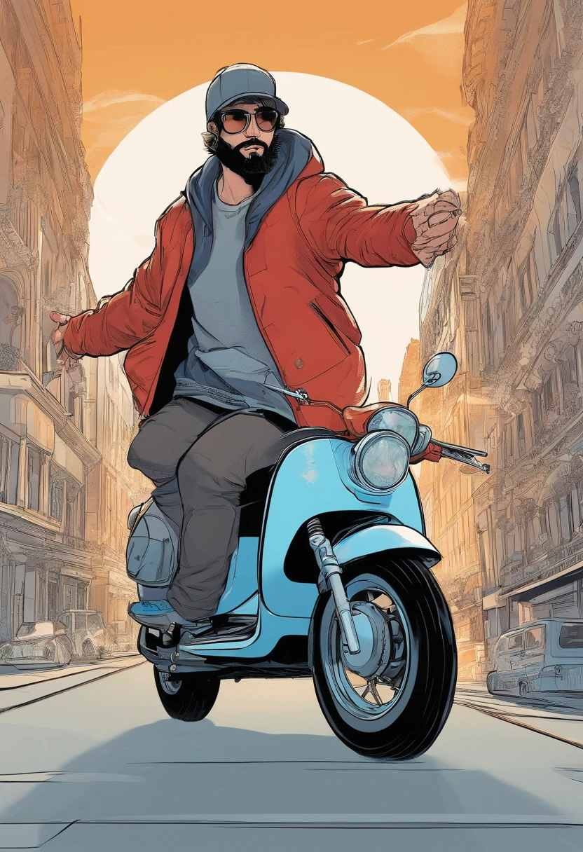 man, snapback, Medium Hair, gray eyes, black hoodie, beard, riding vespa, Arc de Triomphe