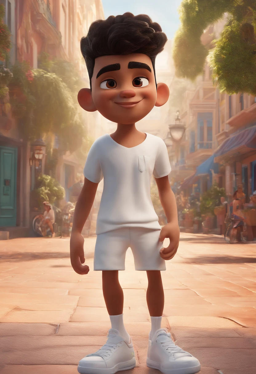 rosto detalhado, asymmetrical 16k, (3D poster inspired by Disney/Pixar capturing a scene with the title "VITOR") (a 20 year old young man, young with soul patch), (black razor fade hair, white shirt), (white short shorts and white sneakers with a concealer symbol), (close up background of a clothing store)