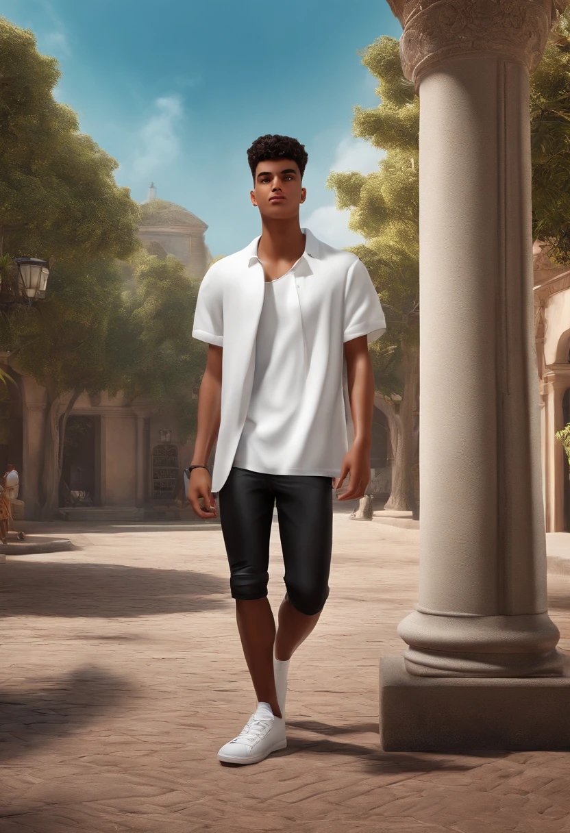 rosto detalhado, asymmetrical 16k, (3D poster inspired by Disney/Pixar capturing a scene with the title "VITOR") (a 20 year old young man, young with soul patch), (black razor fade hair, white shirt), (white short shorts and white sneakers with a concealer symbol), (close up background of a clothing store)