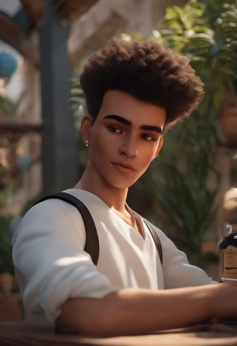 rosto detalhado, asymmetrical 16k, (3D poster inspired by Disney/Pixar capturing a scene with the title "VITOR") (a 20 year old young man, young with soul patch), (black razor fade hair, white shirt), (white short shorts and white sneakers with a concealer symbol), (close up background of a clothing store)