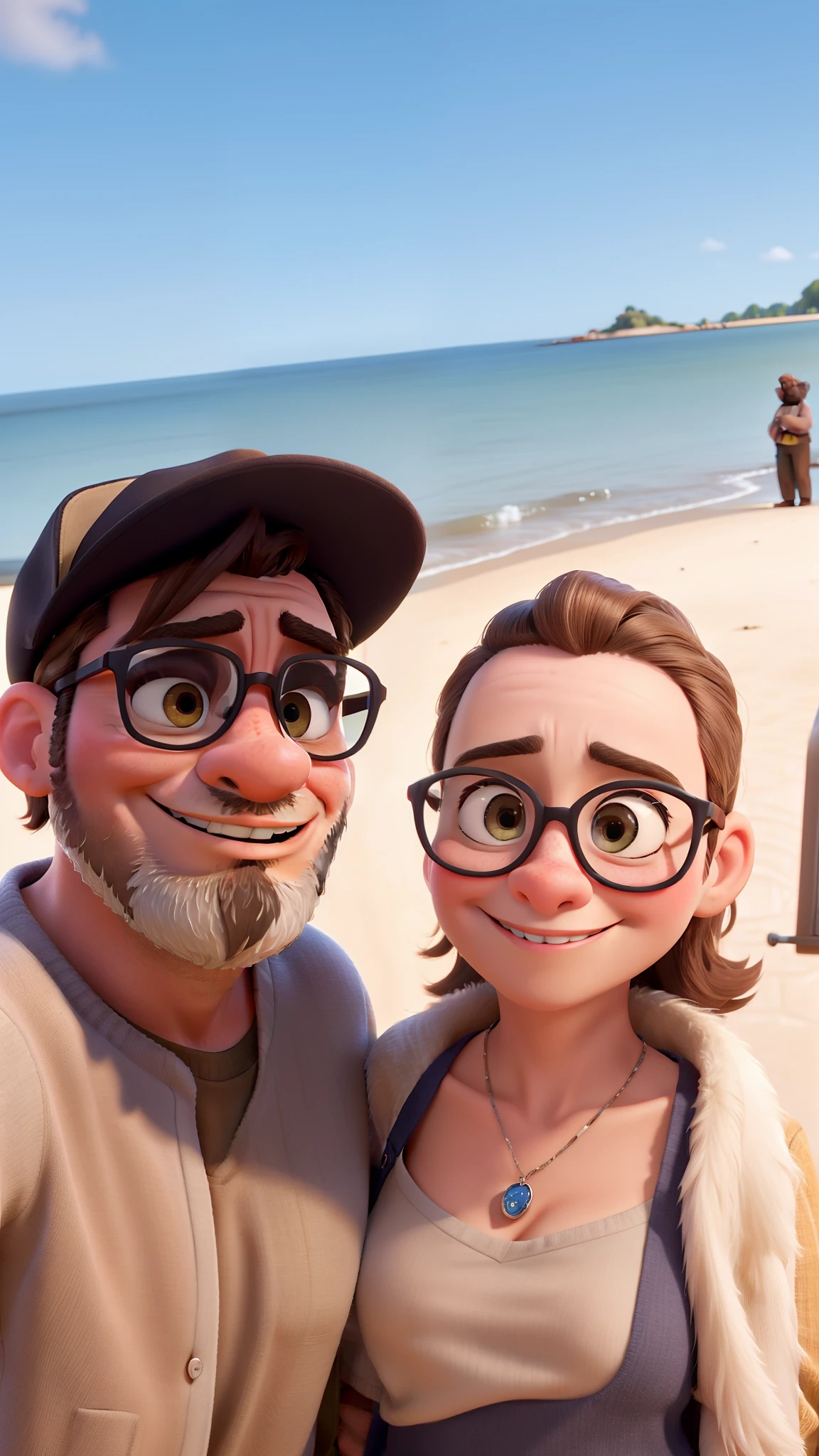 A couple in great quality and definition in the Disney pixar style: 43 man, light brunette with beard and 52 year old woman