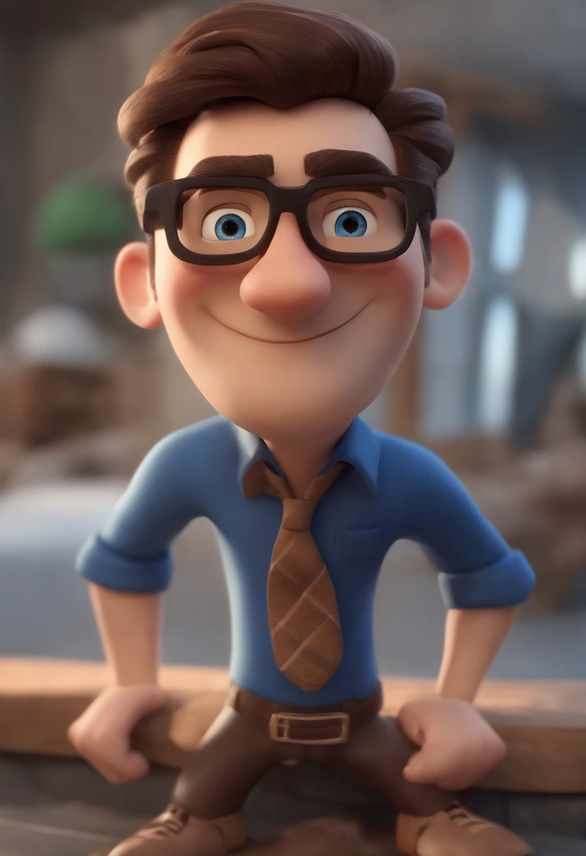 Cartoon character of a man with black glasses, cabelo cacheado marrom escuro e uma camisa azul, animation character, Caractere estilizado, animation style rendering, 3D estilizado, Arnold Maya render, 3 d render stylized, toon render keyshot, Personagem 3D, Personagem 3D, 3d rendering stylized, 3 d character render, personagem de desenho animado, Personagem de close up, Pose de personagem,  (Estilo Pixar) (master part:1.2) (Bokeh) (best quality) (pele detalhada) (textura detalhada) (8k) (argila) (Cinematic lighting) (foco nítido