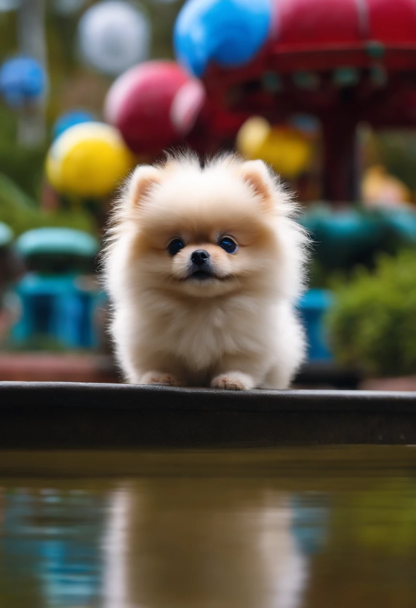Cute Pixar Style Baby Round Blue Red Pomeranian Baby, pequeno, com orelhas fofas, Risos felizes, Big purple water spirit eyes, com verde claro cor de fada mar de rosas, fundo amarelo, luz solar para baixo, mundo dos contos de fadas, HD Dinis, super detalhes, vestindo uma bela guirlanda, Playing with Dad at the amusement park,