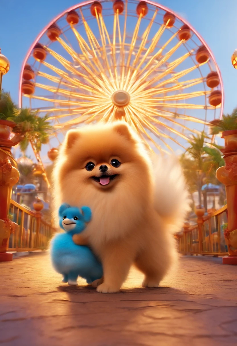 Cute Pixar Style Baby Round Blue Red Pomeranian Baby, pequeno, com orelhas fofas, Risos felizes, Big purple water spirit eyes, com verde claro cor de fada mar de rosas, fundo amarelo, luz solar para baixo, mundo dos contos de fadas, HD Dinis, super detalhes, vestindo uma bela guirlanda, Playing with Dad at the amusement park,