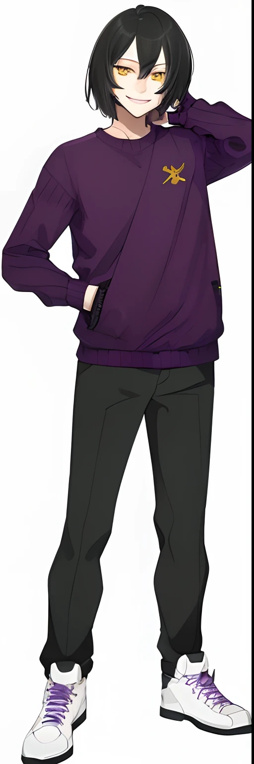 young man, bob haircut, black hair, black pants, wearing purple sweater, yellow eyes, hand in pocket, in a dark forest, smiling, 4k,