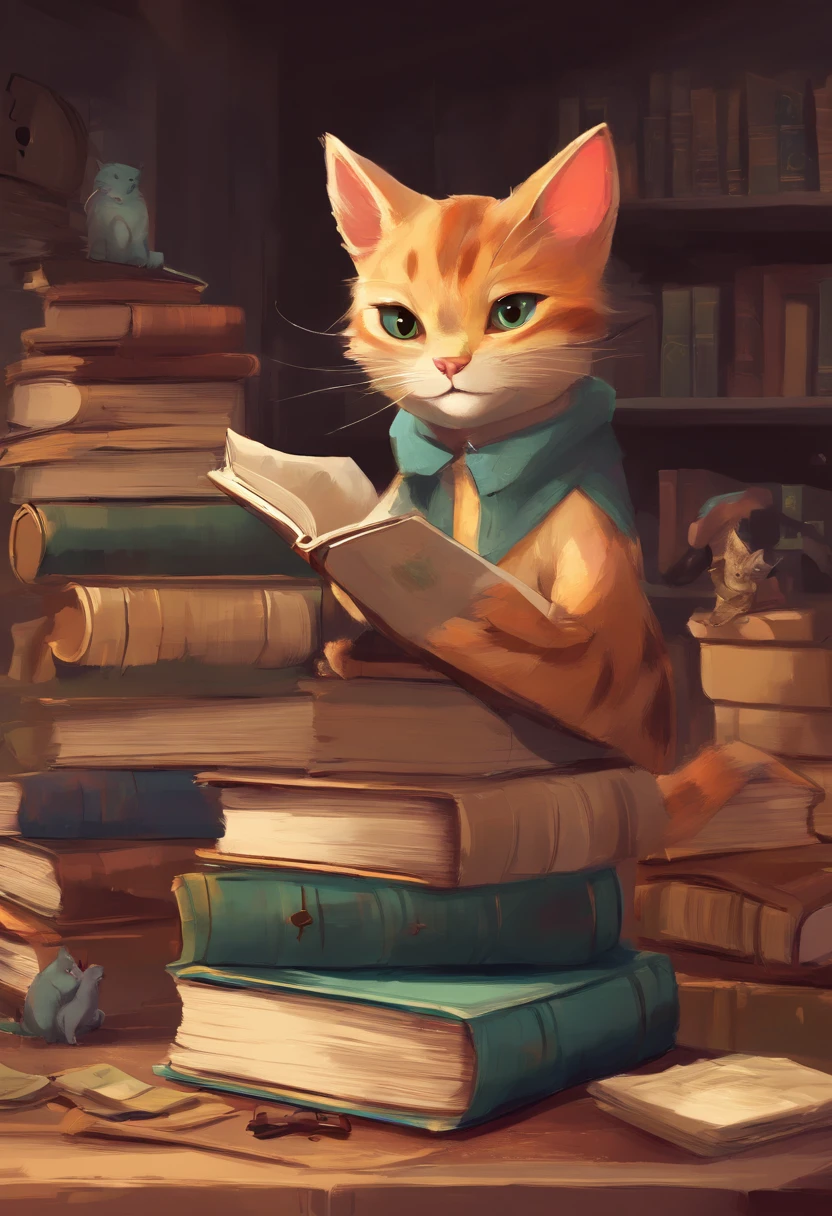 create a Disney pixar-style character with the following characteristics in Atelier: two cats on books, a tabby kitten and a brindle