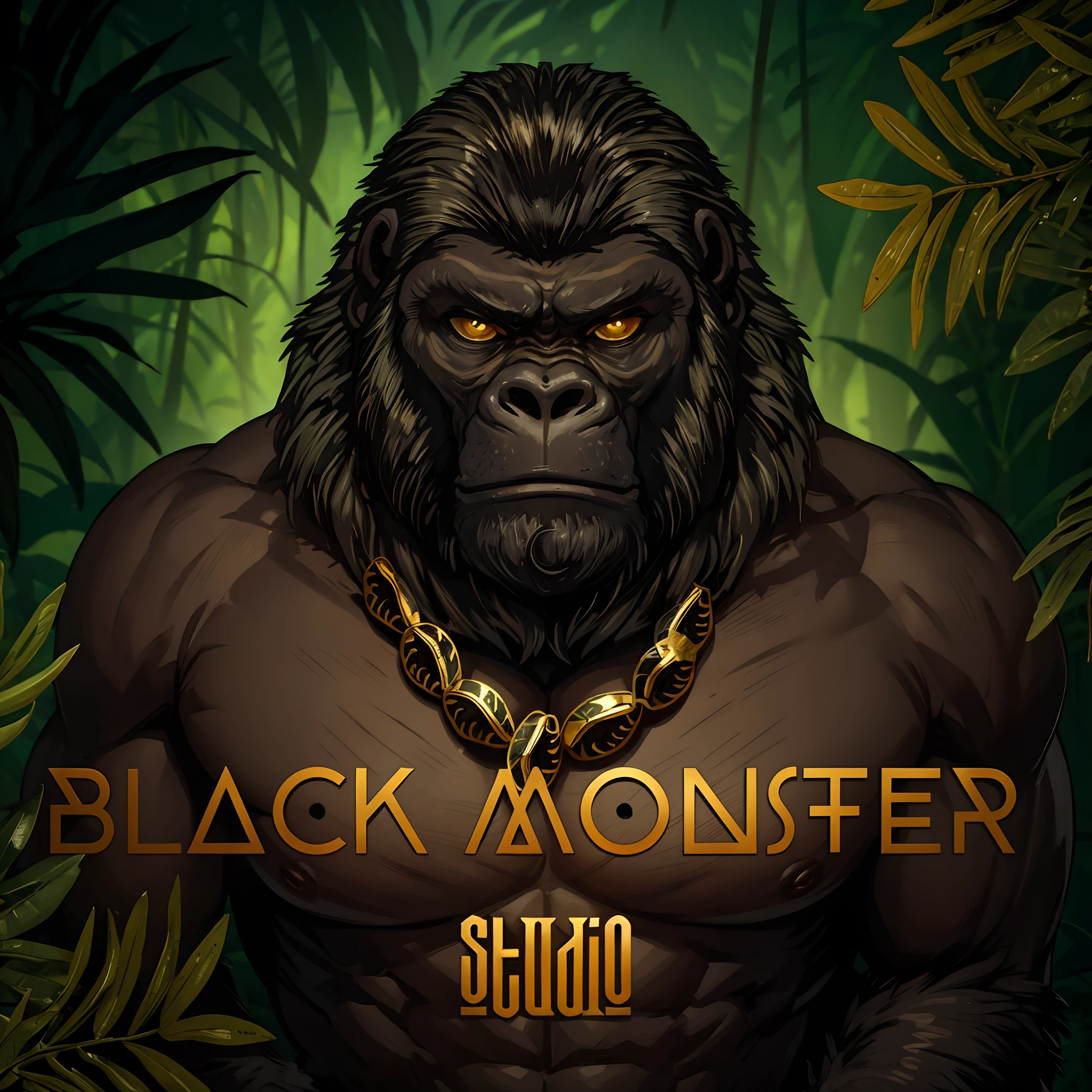 A angry gorilla, escrito Black Monster Studio, ultra quality, afrofuturistic jungle, jungle background, cowrie shells necklace