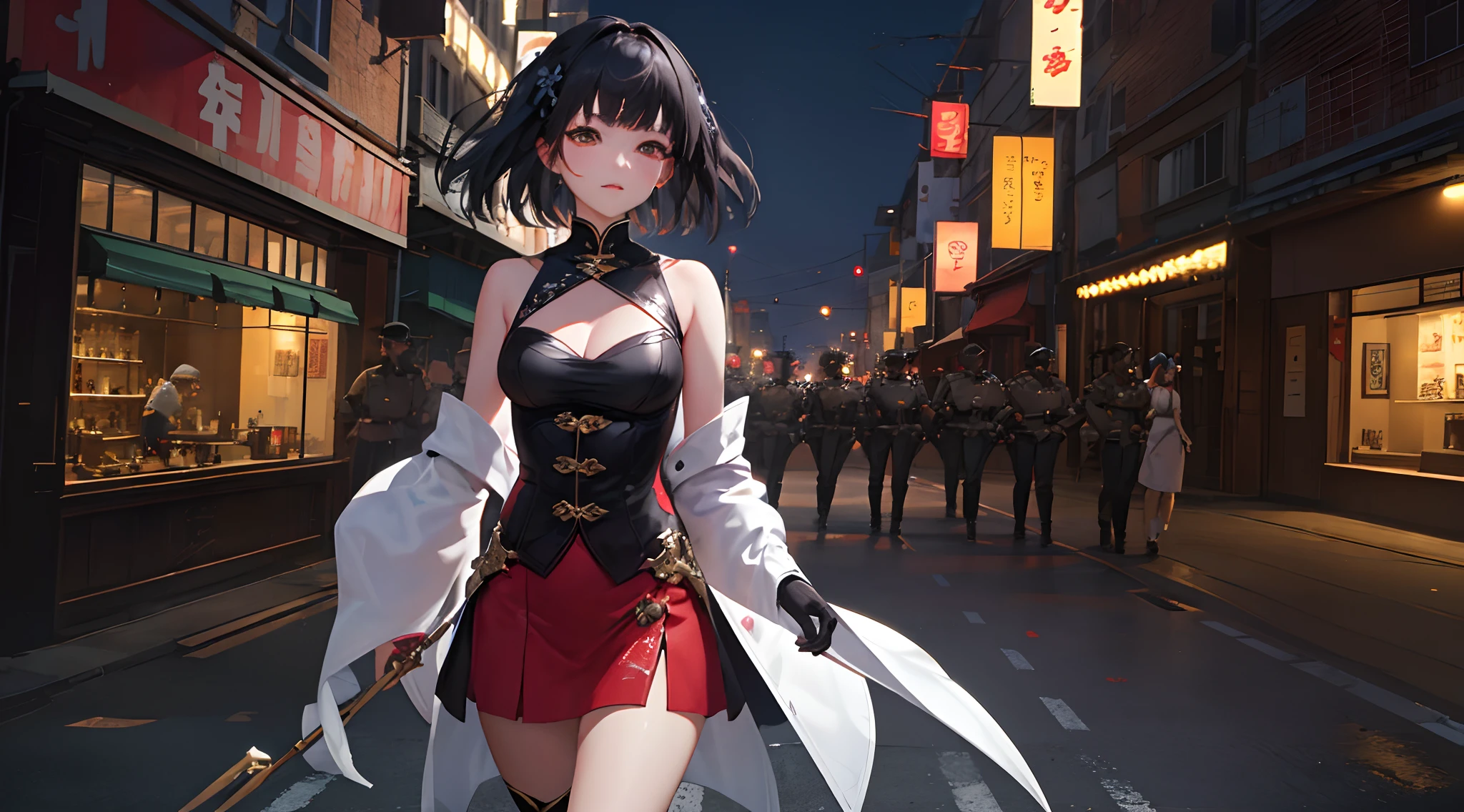 Prompt: Stylized asian woman with straight black brown hair in a city city at night/Daytime in well-fitting white musical escort parade attire with red shoulder pads with zero sleeves, collar rojo, corbatin lila en el escote, guantes blancos con flequillo rojo, Red skirt type skirt up to the middle of the thigh and with long drop pieces, y tacos rojos