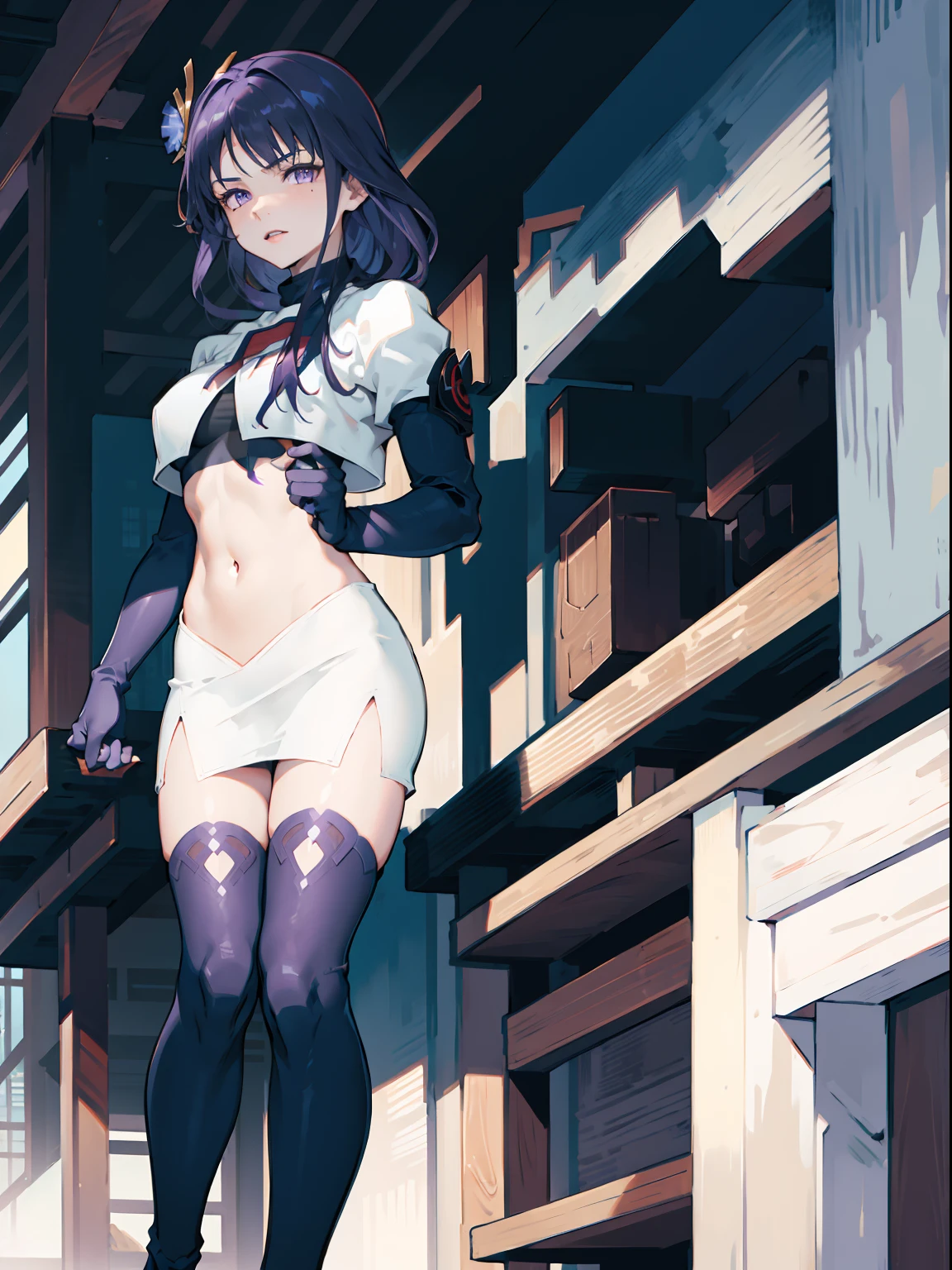 Raiden Shogun, Breasts, Purple hair,Purple eyes, Moles under eyes,1girl,team rocket,team rocket uniform,white skirt,crop top,black thigh-highs,black elbow gloves,