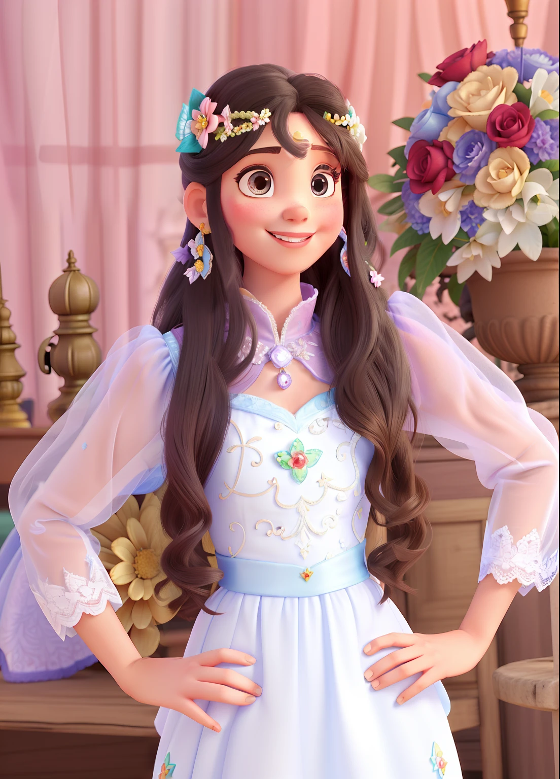 Princesa da disney, estilo pixar, vestido branco, flores ao fundo, batom vermelho na boca, sorrindo, 8k