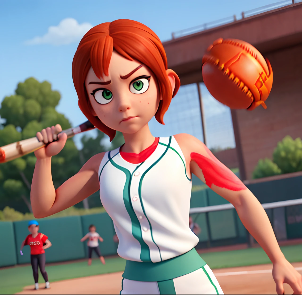 Masterpiece, (watercolor:1.3), (short stack:1.1), forward facing, eyes on camera, serious expression, (action shot:1.4) , (upper body strength:1.3), contrapposto (tattoo:1), softball pitcher, auburn hair, green eyes, (string bikini:1), pitching a softball at viewer, (focus on softball in foreground:1.4), sunny, natural lighting, High definition, excellent resolution, excellent quality, insane detail, semi realistic, postprocessed, crisp face, facial features, extremely detailed, facial features