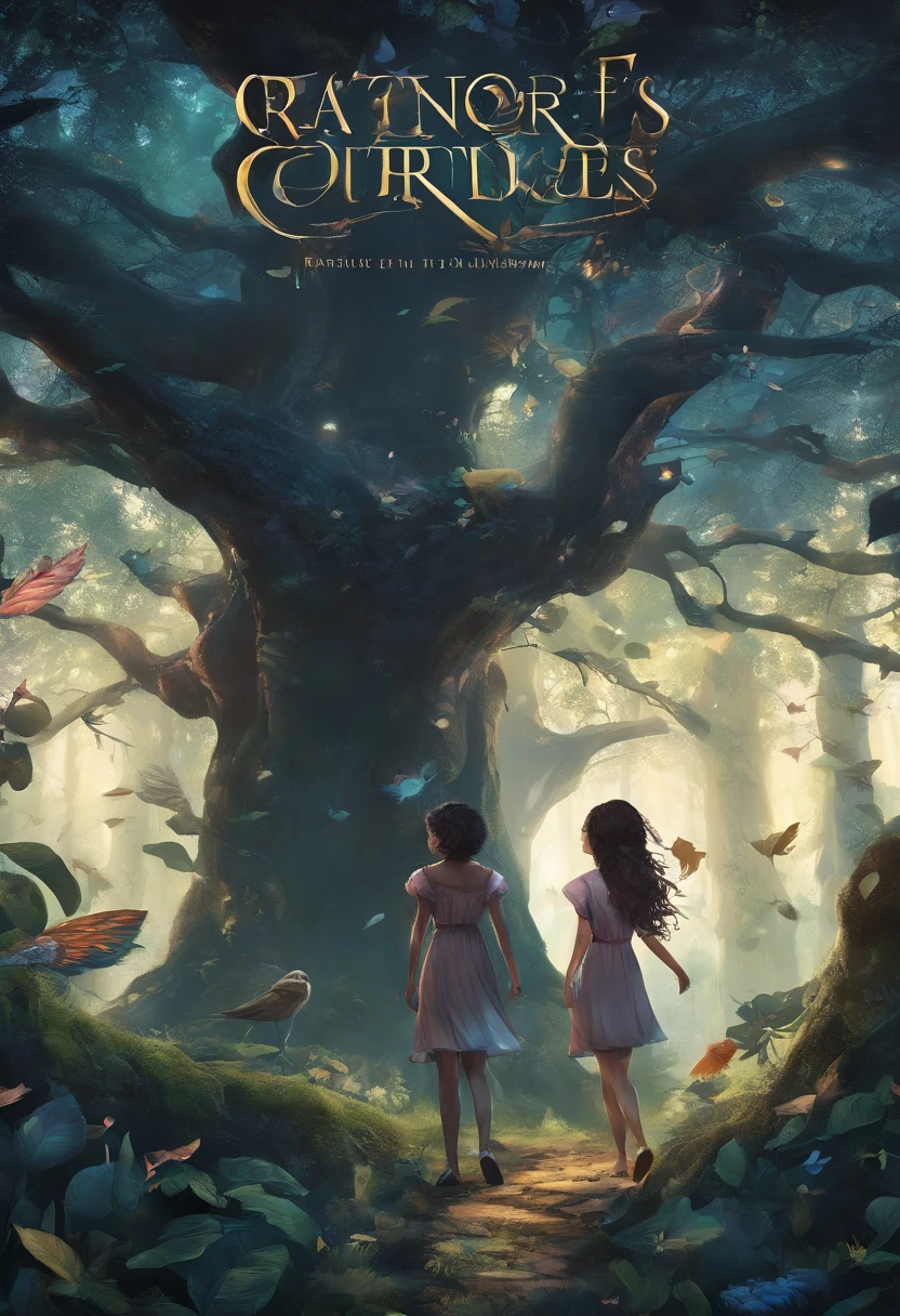 A capa mostra Haru, o jovem protagonista, com olhos cheios de curiosidade e coragem, Standing next to Kira, o majestoso Occami, cujas penas brilham com cores iridescentes. They're in a clearing of the magical forest, Surrounded by ancient trees that cast mysterious shadows. The forest is alive with magical elements, With mystical creatures lurking in the shadows. Ao fundo, A starry night sky shimmers with unrevealed promises and secrets. The cover evokes the feeling of adventure, amizade e magia, which are central themes of the story.