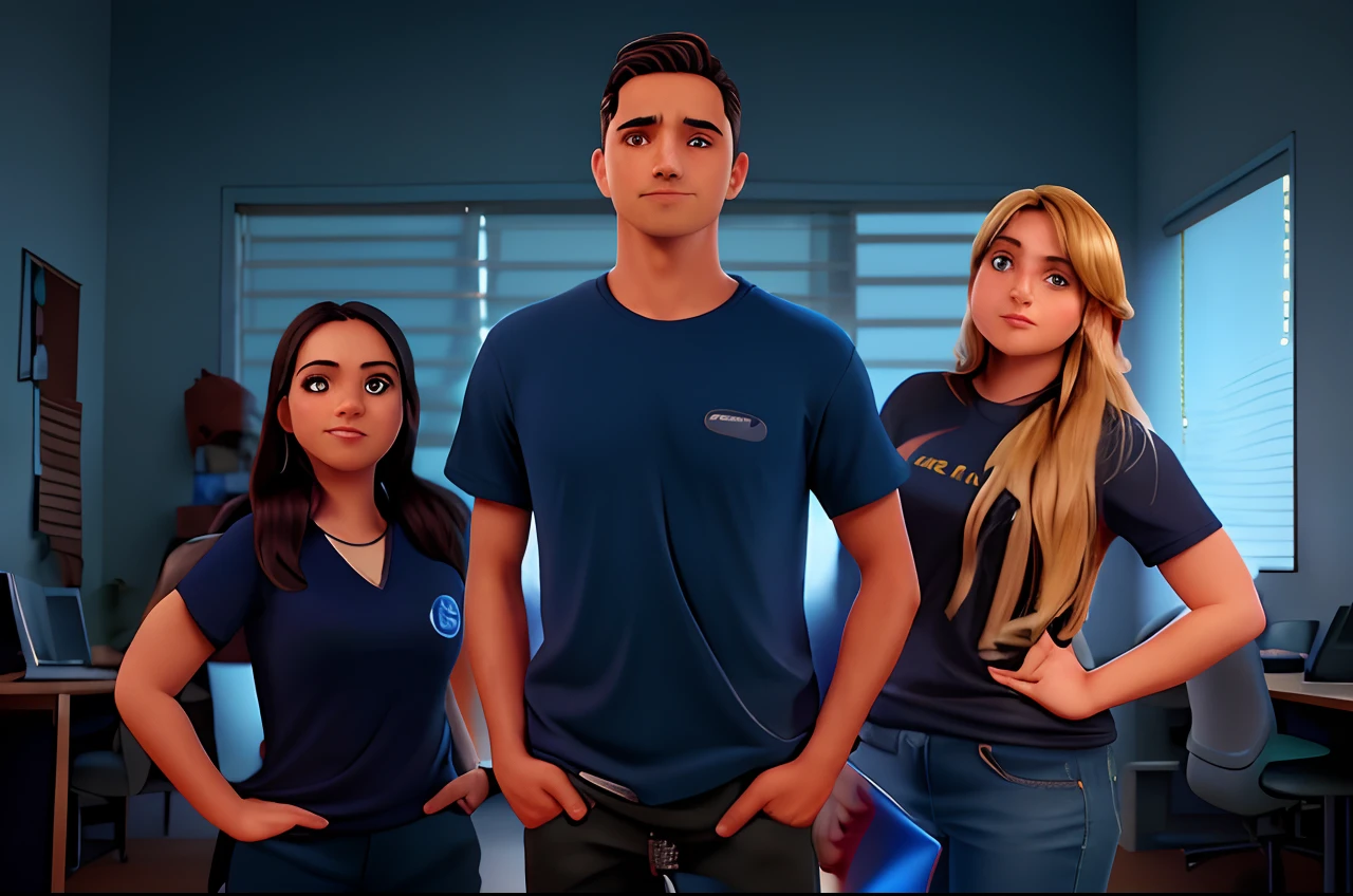 Three people in navy blue t-shirt and black pants, olhos castanhos, Standing next to each other in front of the back of the office, imagem de perfil, Directed by: Luis Miranda, adreas rocha, Photographic Marketing, adulto, by Amelia Peláez, imagem frontal, zigor samaniego, Directed by: Samuel Silva, Directed by: Nandor Soldier, Family photo, 1614572159, Alex Flores