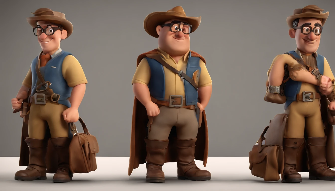 Cartoon character of a man with navy blue prescription glasses, pele clara, Medium-sized brown beard, Modern short hair arranged next to dark brown color and a blue shirt writing agronomy at pocket length next to a smiling hair and a also smiling goat with animation character, Caractere estilizado, animation style rendering, 3D estilizado, Arnold Maya render, 3 d render stylized, toon render keyshot, Personagem 3D, Personagem 3D, 3d rendering stylized, 3 d character render, personagem de desenho animado, Personagem de close up, Pose de personagem,  (Estilo Pixar) (master part:1.2) (Bokeh) (best quality) (pele detalhada) (textura detalhada) (8k) (argila) (Cinematic lighting) (foco nítido
