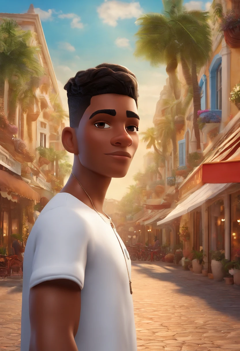 (3D poster inspired by Disney/Pixar capturing a scene with the title "VITOR") (a 20 year old young man, young with soul patch), (black razor fade hair, white shirt), (white short shorts and white sneakers with a concealer symbol), (close up background of a clothing store)