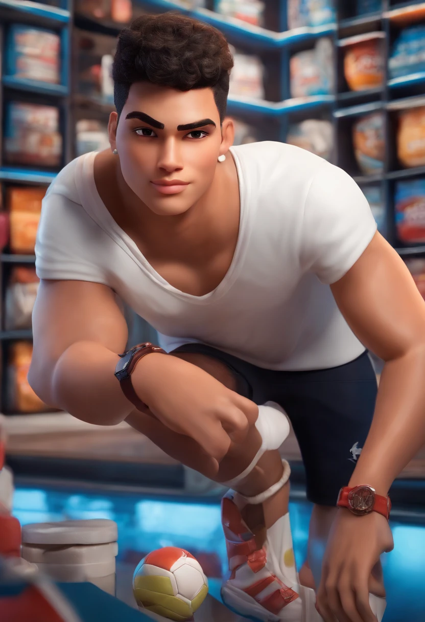 (3D poster inspired by Disney/Pixar capturing a scene with the title "VITOR") (a 20 year old young man, young with soul patch), (black razor fade hair, white shirt), (white short shorts and white sneakers with a concealer symbol), (close up background of a clothing store)