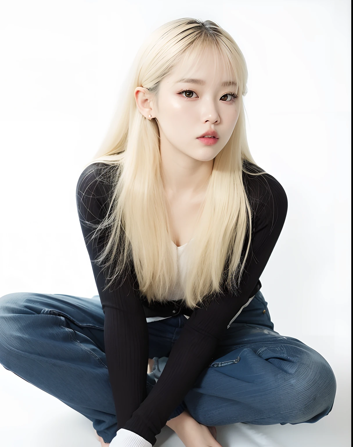 um close up de uma mulher com cabelos longos e uma camisa preta, maquiagem sul-coreana popular, maquiagem coreana popular, Ulzzang, menina coreana, Mulher sul-coreana bonita, cruel korean goth girl, Retrato de Jossi do Blackpink, com rosto redondo, Foto de perfil do headshot, pale round face, young adorable korean face, wan adorable korean face, korean face features