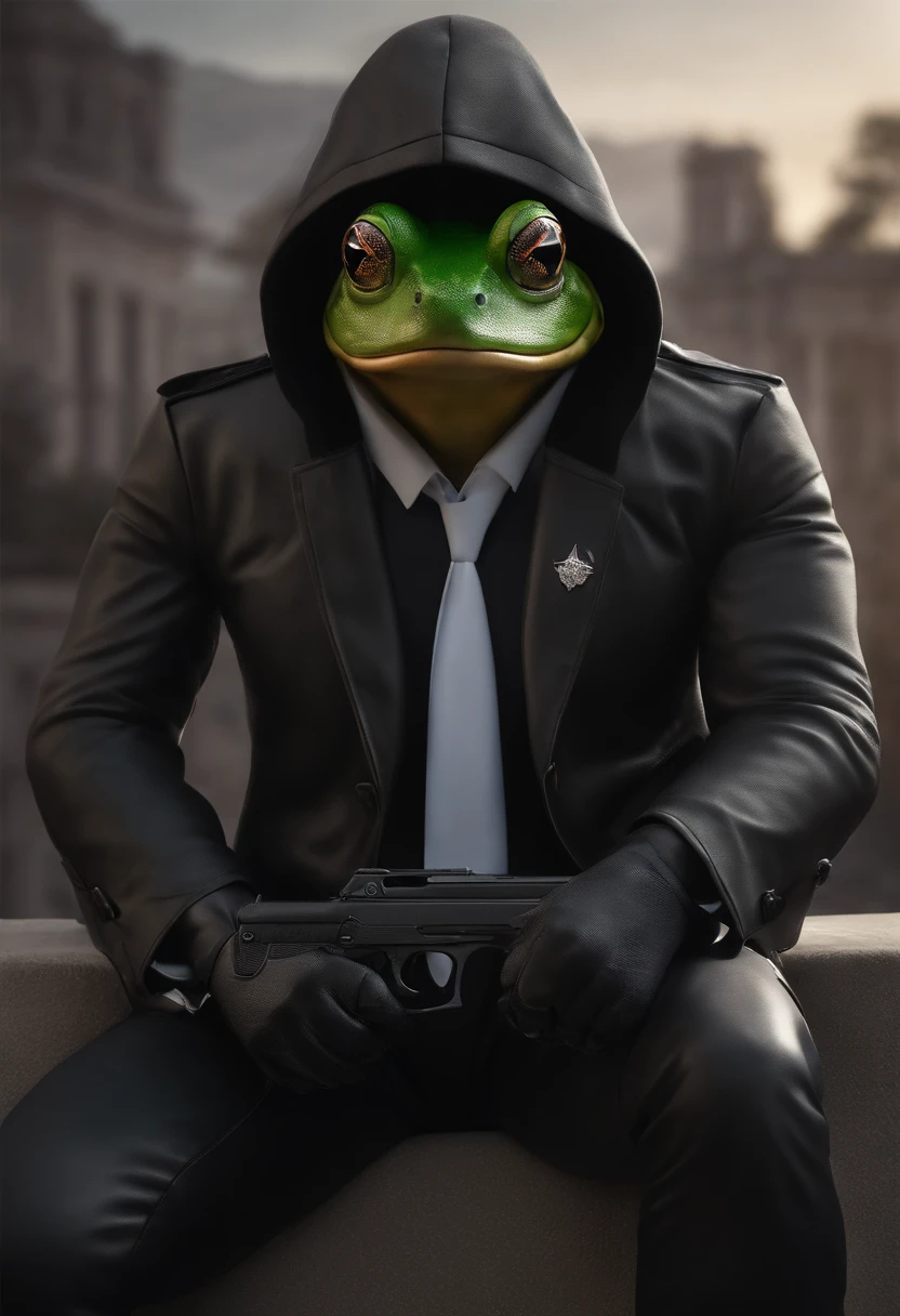 homem frog, sozinho, olhando para o Viewer, camisa, suit jacket, Foco masculino, roupas abertas, Hood, camisa preta, jaqueta com capuzes, unhas  Cidade furutista, olhos negros, (arma, handgun, pistola) 3D ULTRA HD 8K