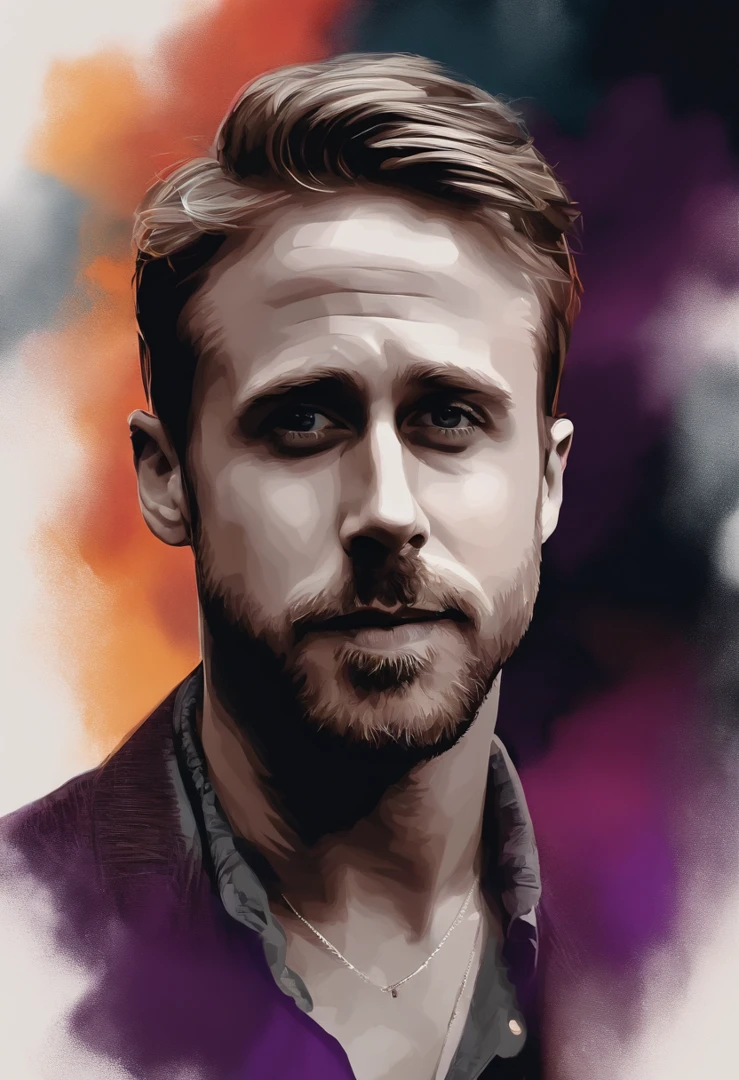 [Ryan Gosling portrait:Abstract background:0.5], Expressionism, Purple tones, haze, cigarette, Digital Art, Calm Tones, Depressing, Colorful background 