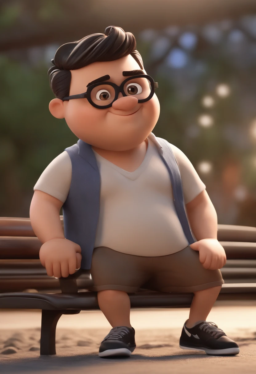 Cartoon character of a chubby man with black short hair with black glasses and a t-shirt and shorts with Nike sneakers , animation character, Caractere estilizado, animation style rendering, 3D estilizado, Arnold Maya render, 3 d render stylized, toon render keyshot, Personagem 3D, Personagem 3D, 3d rendering stylized, 3 d character render, personagem de desenho animado, Personagem de close up, Pose de personagem, (Estilo Pixar) (master part:1.2) (Bokeh) (best quality) (pele detalhada) (textura detalhada) (8k) (argila) (Cinematic lighting) (foco nítido