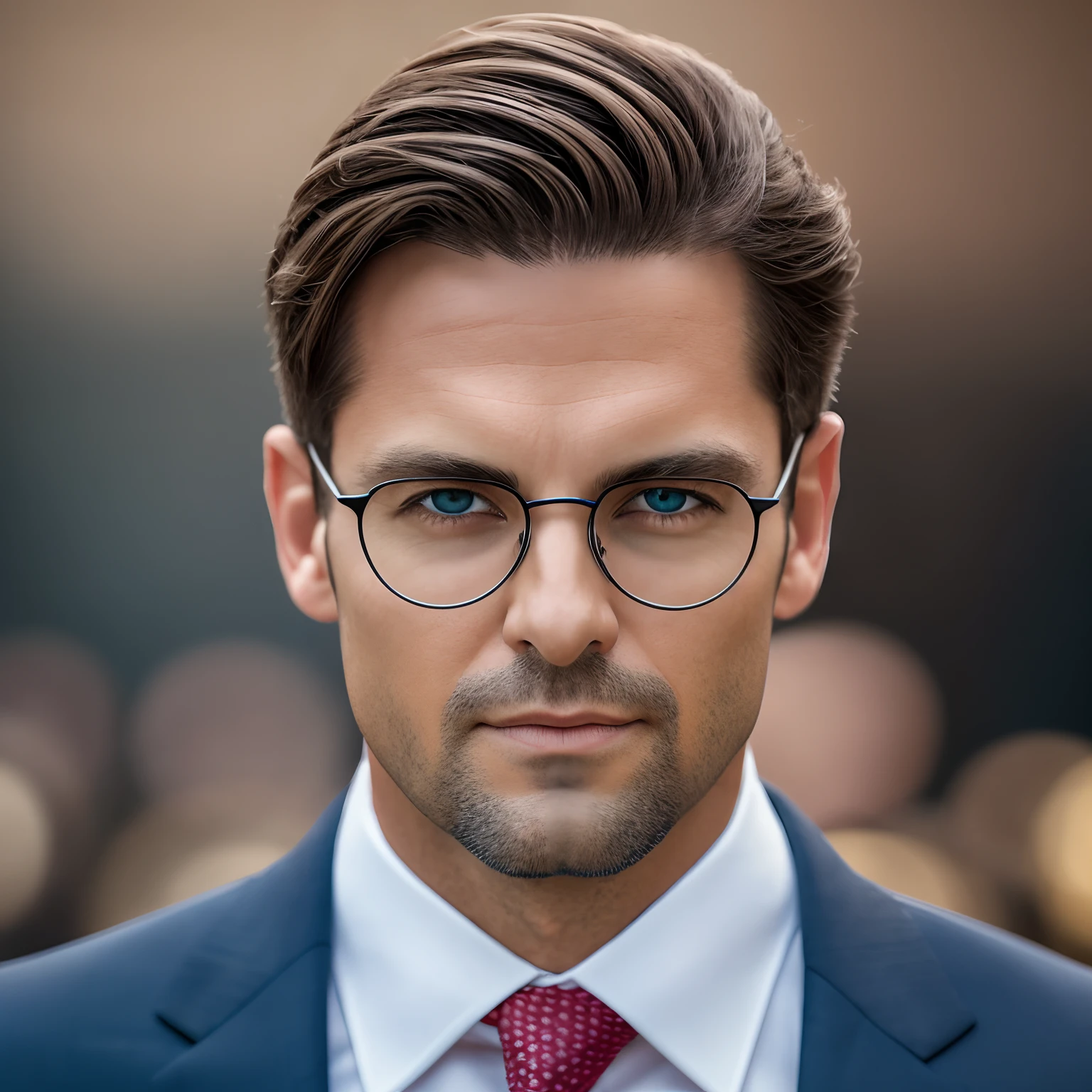 a Man standing with 30 years in suit and tie, body and head straight in the photo, facing the viewer of the photo, eyes fixed to the lens, appears shoulders and head in the photo, man centered in the photo, 8k, best quality, masterpiece, realistic, realistic photo, movie photo, ultra realistic, 1 person, detailed, perfect lighting,  DSRL, professional photo, 4k