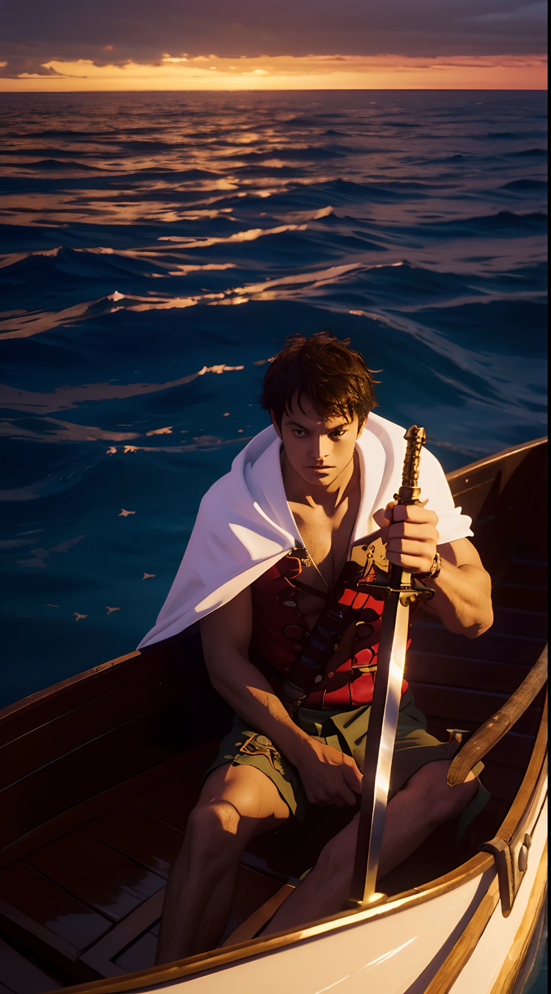 Boy sitting in a boat, Sword in hand, Cape, feeling of solitude, high resolution, Sea of Stars, Vistas, Romance, smallness