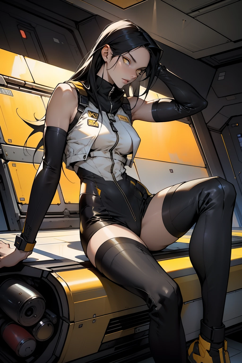 1 girl, black hair, yellow eyes, very long hair, pale skin, fit body, slender body, slim waist, large breasts, (confident expression), pilot suit, thigh gap, bare thighs, sleeveless, perfect hands, provocative pose, perfect fingers, pretty fingers, show bare legs, fit thighs, sitting in a cockpit of a spacecraft, view from the floor, legs apart, legs open,