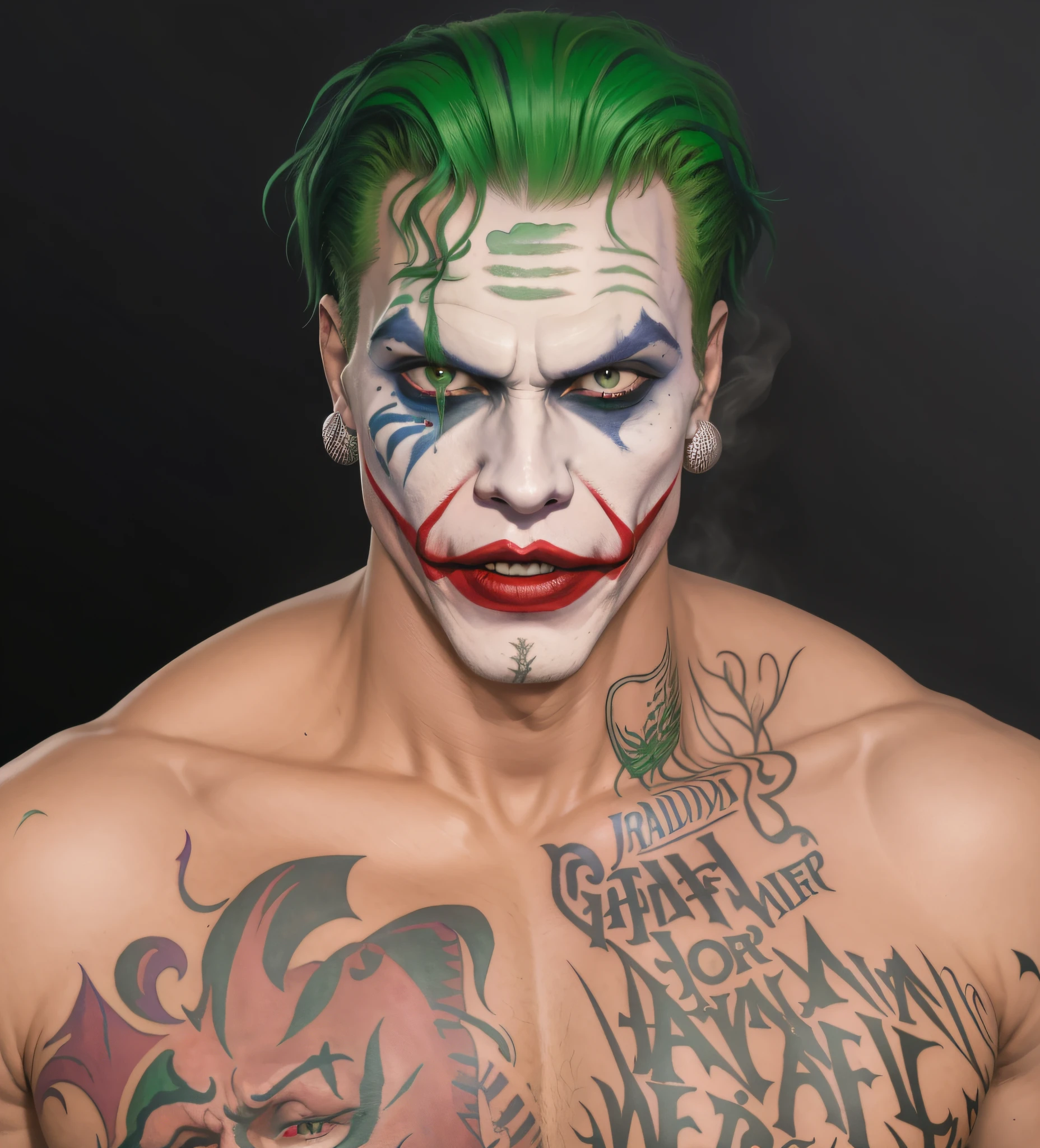 arafed man with green hair and tattoos with a cigarette in his mouth, jerma985 as the joker, as the joker, inspired by James Bolivar Manson, joker makeup, joker looks like naruto, remarkable joker make up, portrait of joker, portrait of the joker, the joker, nikola jokic as the joker, johnny depp as the joker