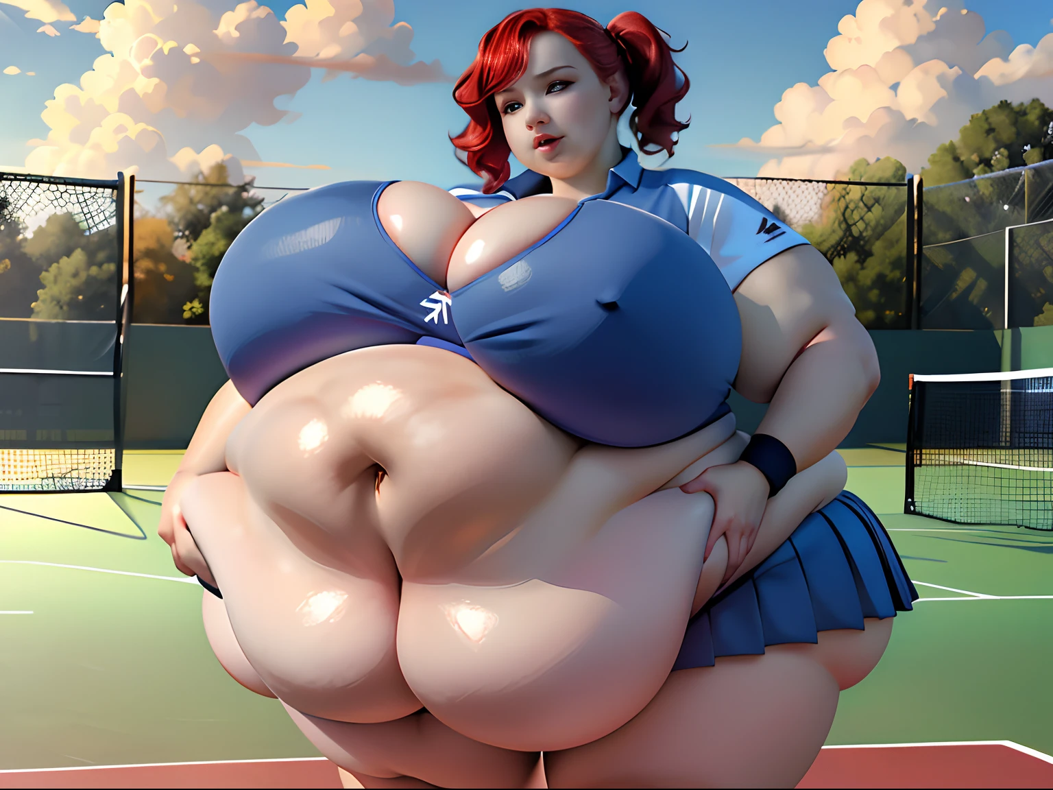 Christina Hendricks, long red hair, sunny day, dramatic cloudy skies, on tennis court, two girls, duo, sisters, in tennis uniform, pleated mini skirt, topless, no shirt, naked breasts, bare belly, groping breasts, squeezing breasts, (squeezing breasts:1.5), gigantic breasts, (gigantic breasts:1.5), curvy figure, suggestive pose, lots of cleavage, obese belly, (obese belly:1.5), ssbbw, (ssbbw:1.5), ussbbw,