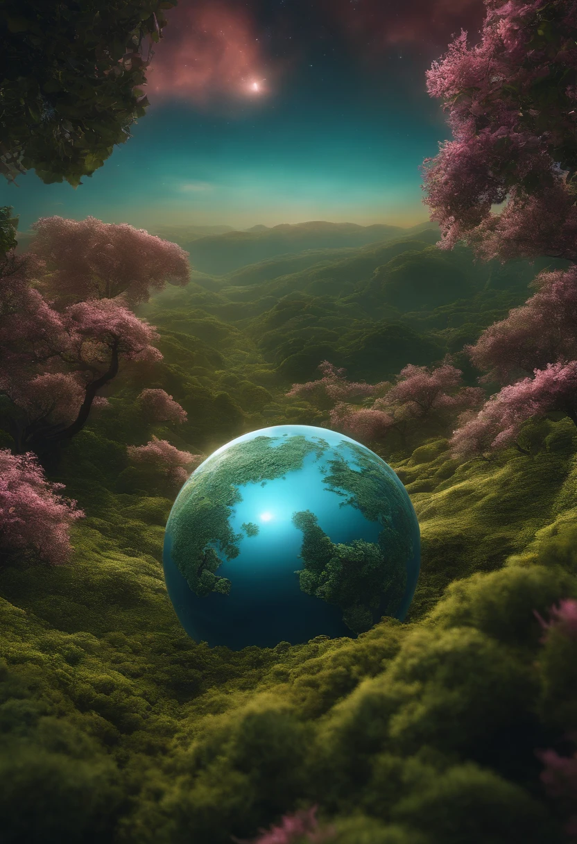 (((master part))) (((best quality))) esfera de vidro, close-up of a planeta with a bunch of trees on it, Planet covered with vegetation, planetaa verde, mundo fractal, mundo coberto de fantasia, planetaa fantasia, esfera de dyson, planetaa rosa, 3D rendering beep, planetary landscape, planetaa redondo inspirado em Jofra Bosschart, planeta, mundo futurista, Psychedelic flower planets, Ethereal world, (output brightness)