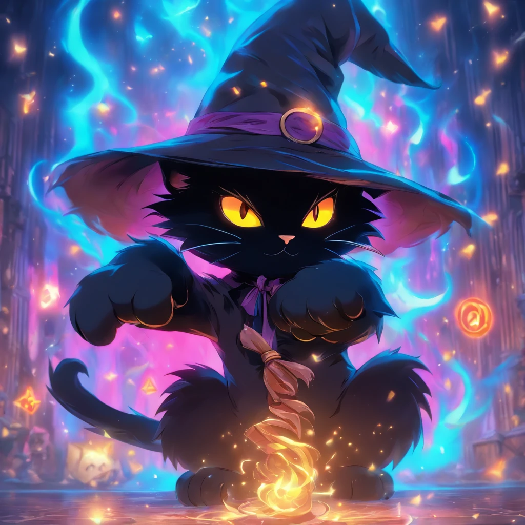 (a) super cute black cat with (a) witch hat, (a) , Magic Wand (eager to learn), (beautiful) magical, (masterpiece:1.2), detailed fur, (intense focus), magic spells, (vibrant colors), (charming), (mysterious), (spellbinding:1.1)