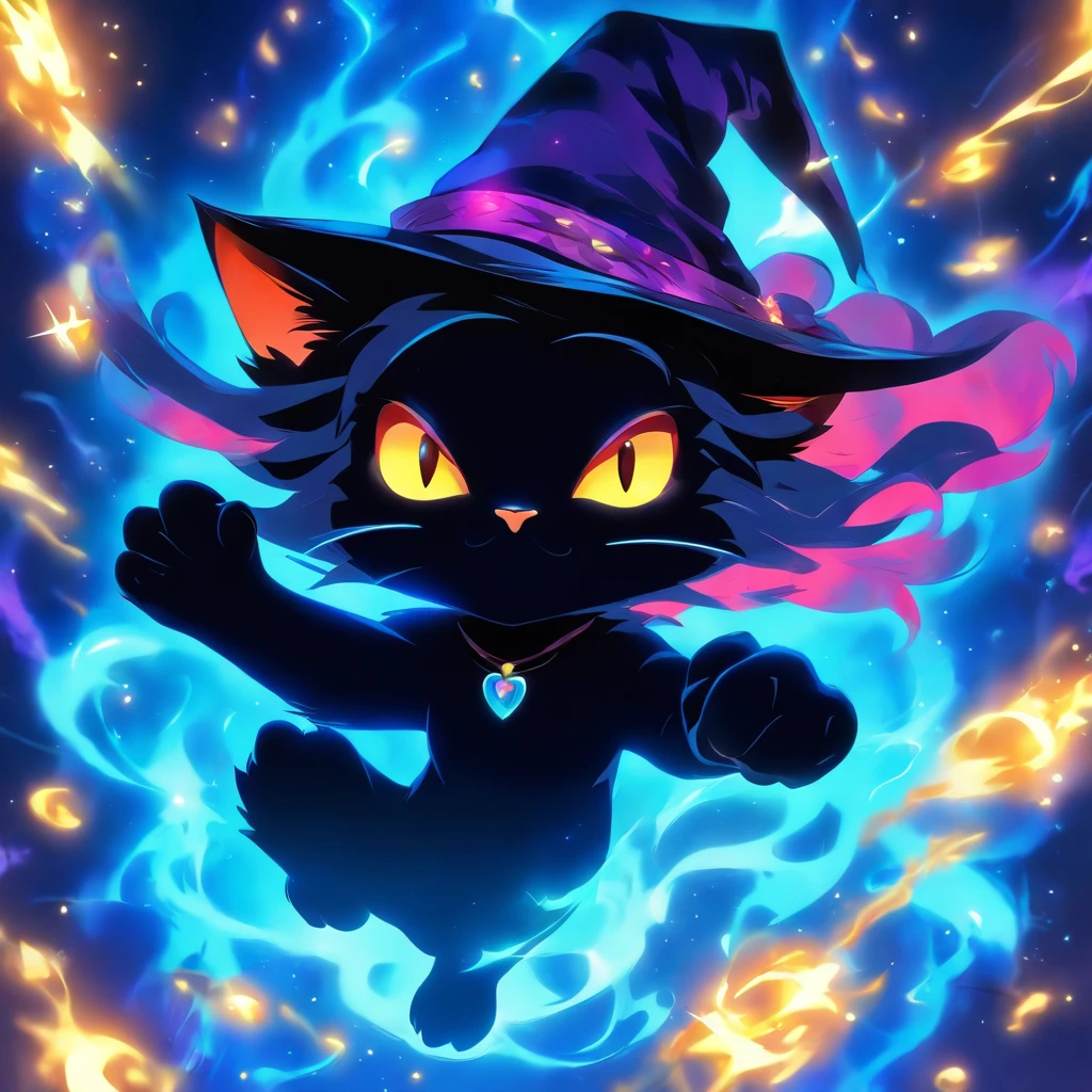 (a) super cute black cat with (a) witch hat, (a) , Magic Wand (eager to learn), (beautiful) magical, (masterpiece:1.2), detailed fur, (intense focus), magic spells, (vibrant colors), (charming), (mysterious), (spellbinding:1.1)