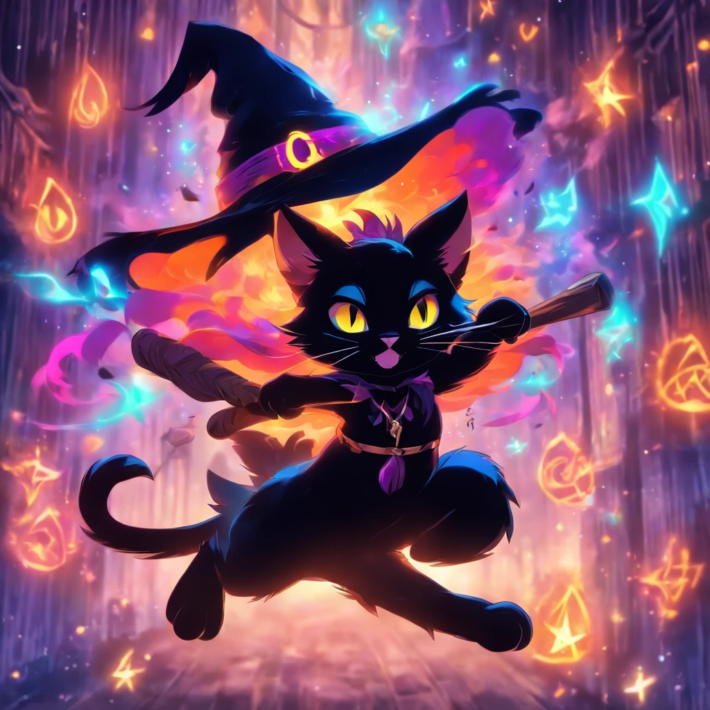 (a) super cute black cat with (a) witch hat, (a) , Magic Wand (eager to learn), (beautiful) magical, (masterpiece:1.2), detailed fur, (intense focus), magic spells, (vibrant colors), (charming), (mysterious), (spellbinding:1.1)