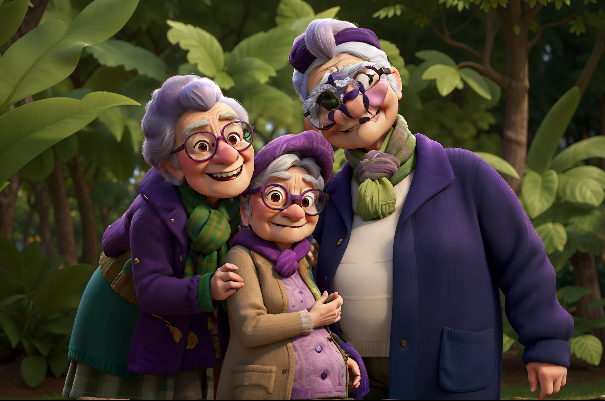 masterpiece, best quality, an old woman with glasses and a scarf on, wearing a purple coat and green scarf, standing at the park