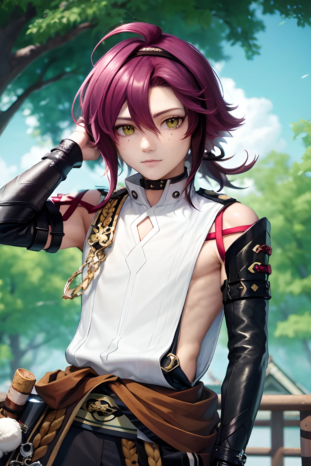 masterpiece, best quality,Shikanoin Heizou (genshin impact), 1boy, male focus, kurokote, green eyes, kote, multicolored hair, mole under eye, red hair, solo, mole, black choker, japanese armor, looking at viewer, choker, armor, streaked hair, aiguillette, sleeveless, ahoge, long hair, low ponytail,(kbxll:0.6)