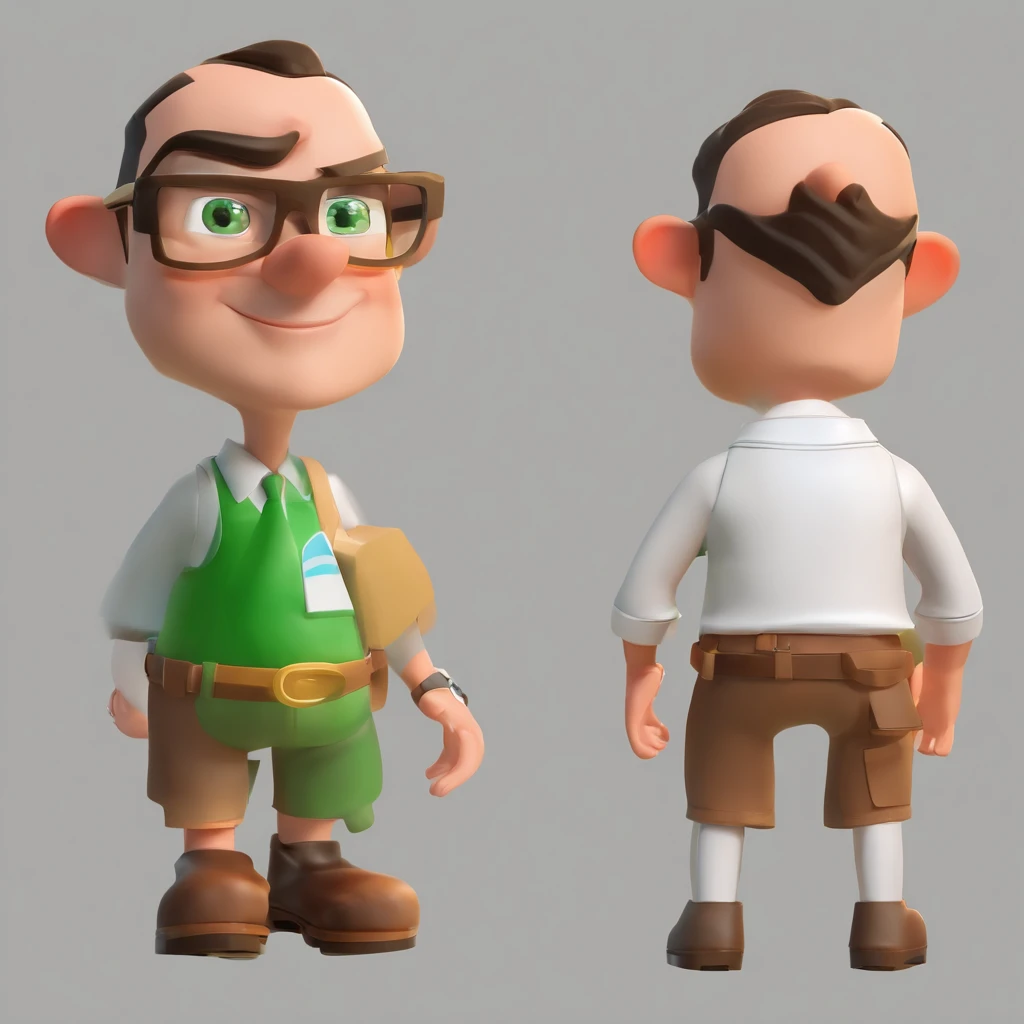 Criar um personagem no estilo Pixar. Trata-se de um homem de 40 anos, com barba, Branco, with short brown gradient hair, e olhos verdes. Ele deve estar na frente de um computador, Trabalhar como treinador de esportes