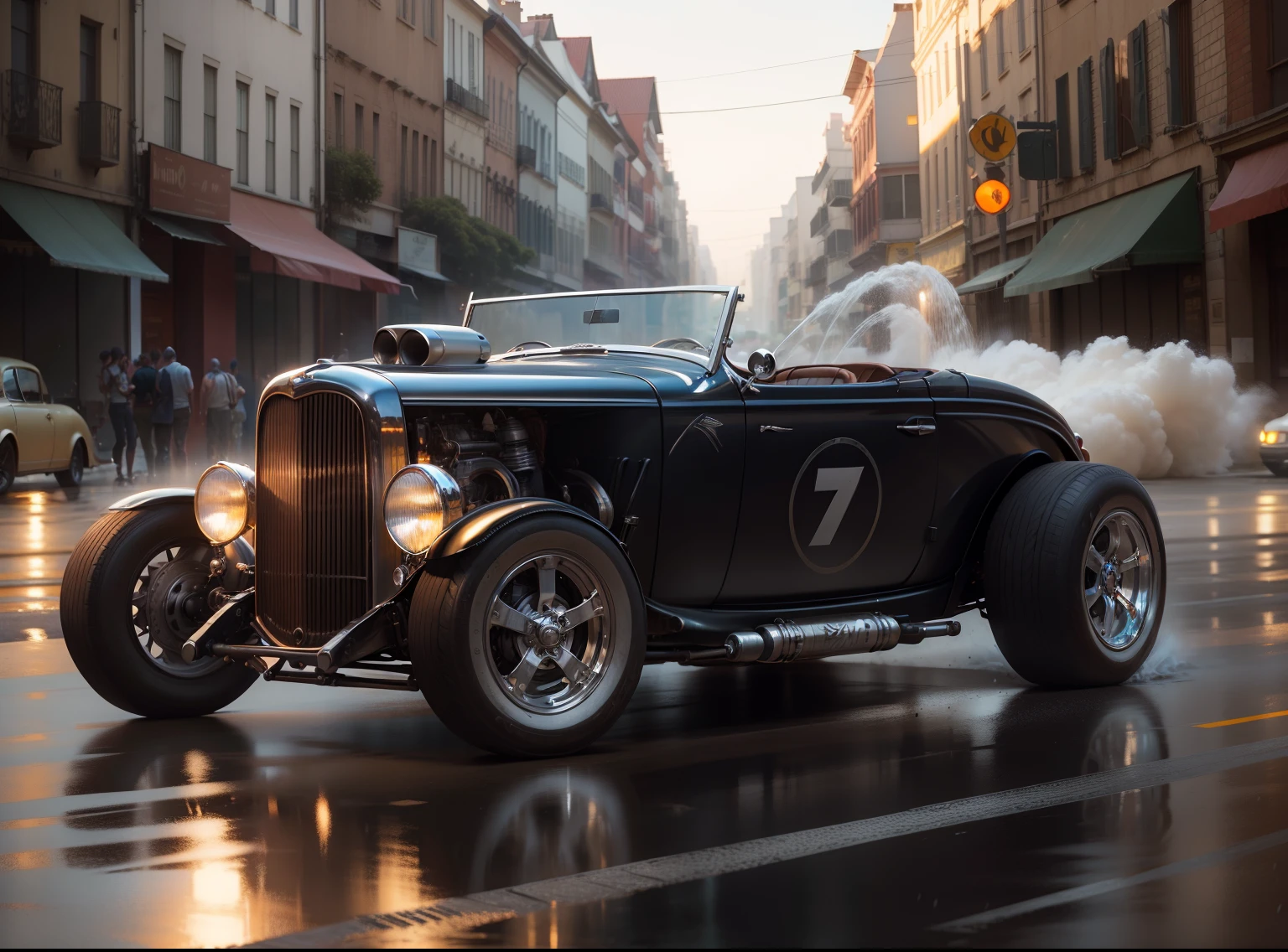 Necessidade de velocidade, Hot ROD Roadster Ford 1932, correndo pela rua molhada, quase, spreading water on the street, hyper realistic, motion blur, blurry background, altamente detalhado, divine proportion, (((Enquadrado))), perfect composition, perfect lighting, octan render, 8k, Artistic photography, trending on ArtStation, foco nítido, Studio photo, detalhes intrincados, altamente detalhado, Directed by: Greg Rutkowski