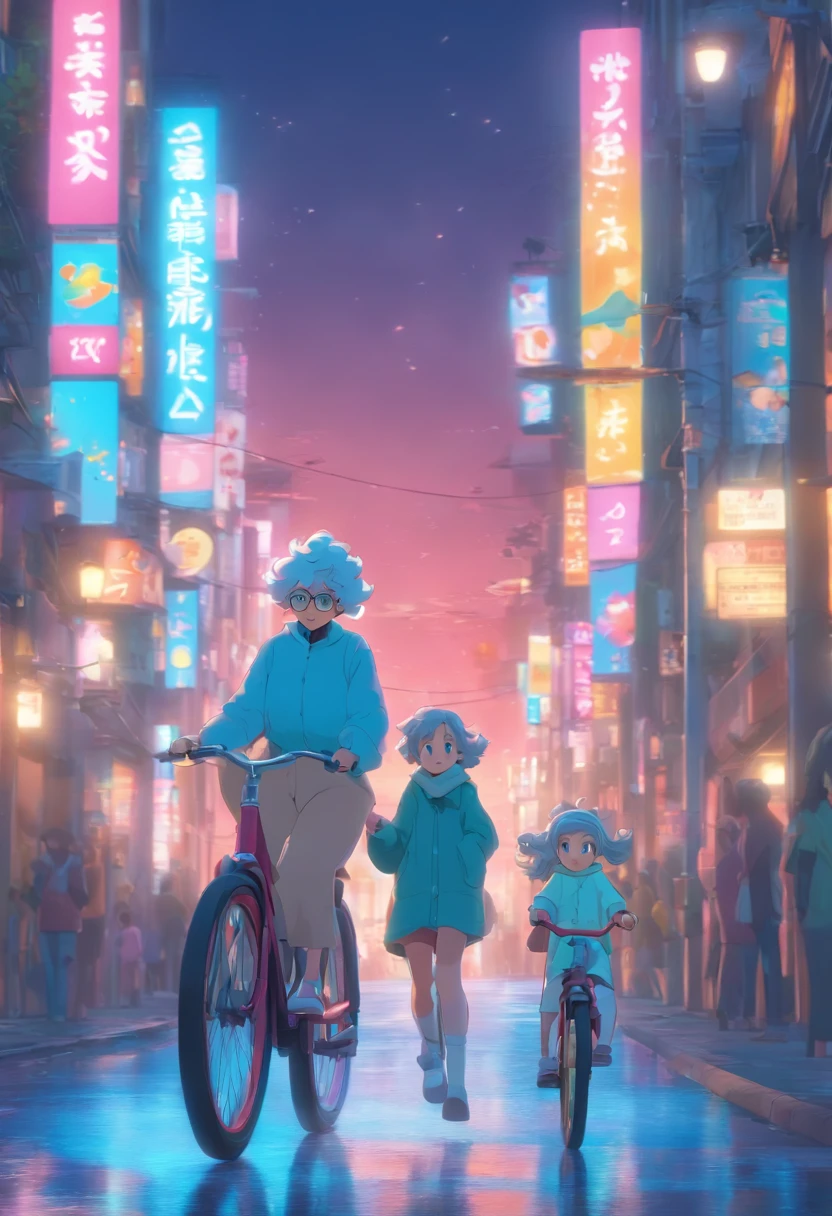 Criar uma imagem: Full Body Illustration of Grandma Walking and Granddaughter Riding Bike on Street, Personagem 3D, tamanho 4:3, Um total de 5 cores, Estilo Expressivo. Qualidade 5, tamanho 750.